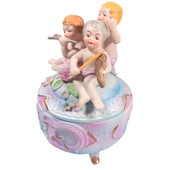Vintage Norleans Footed Cherub Musi Porcelain Bisque Jewelry Trinket Dresser Box - Picture 2 of 13